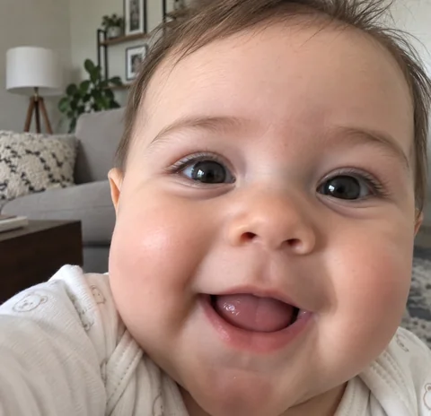 AI-generated close-up of a smiling baby with an open mouth, taken very close to the camera in a living room with a sofa, lamp and shelves behind