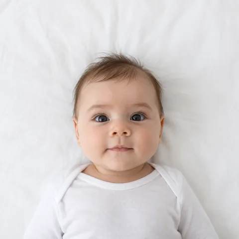 AI-generated photo of a baby in a white bodysuit lying on a white sheet, looking up at the camera with eyes open