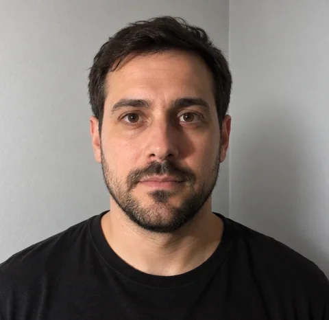 AI-generated photo of a man with a beard in a black T-shirt in front of a gray wall, with a wall corner visible to the right of his head