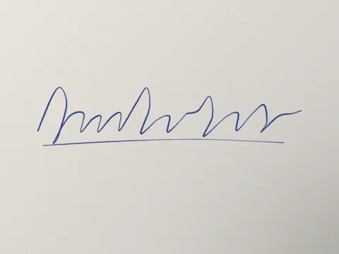 Sample photo of a signature in blue ink on a sheet of paper, with a soft shadow in one corner